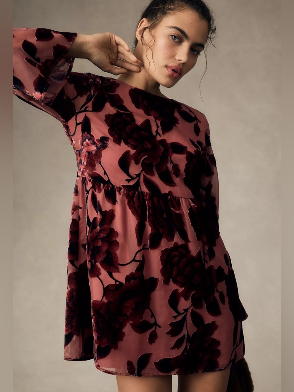 Anthropologie Hutch Burnout Boho Velvet Mini Dress Pink Red Floral Sheer XS